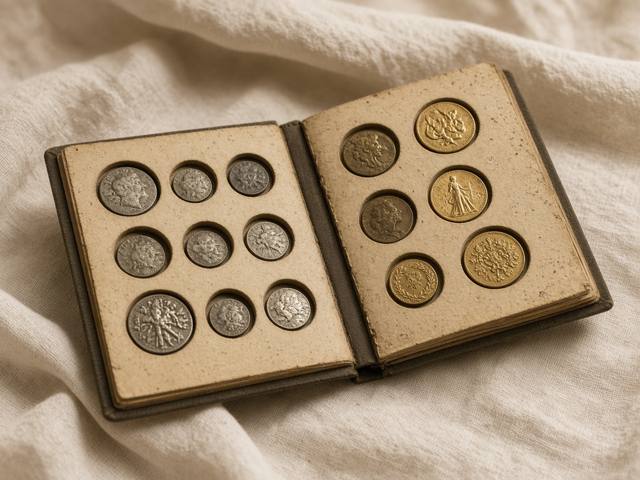 Silver and gold coins in a vintage coin folder