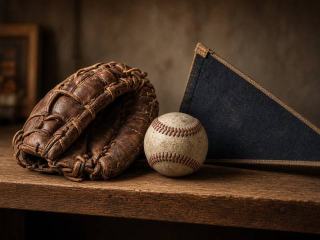 Vintage baseball glove, ball and pennant